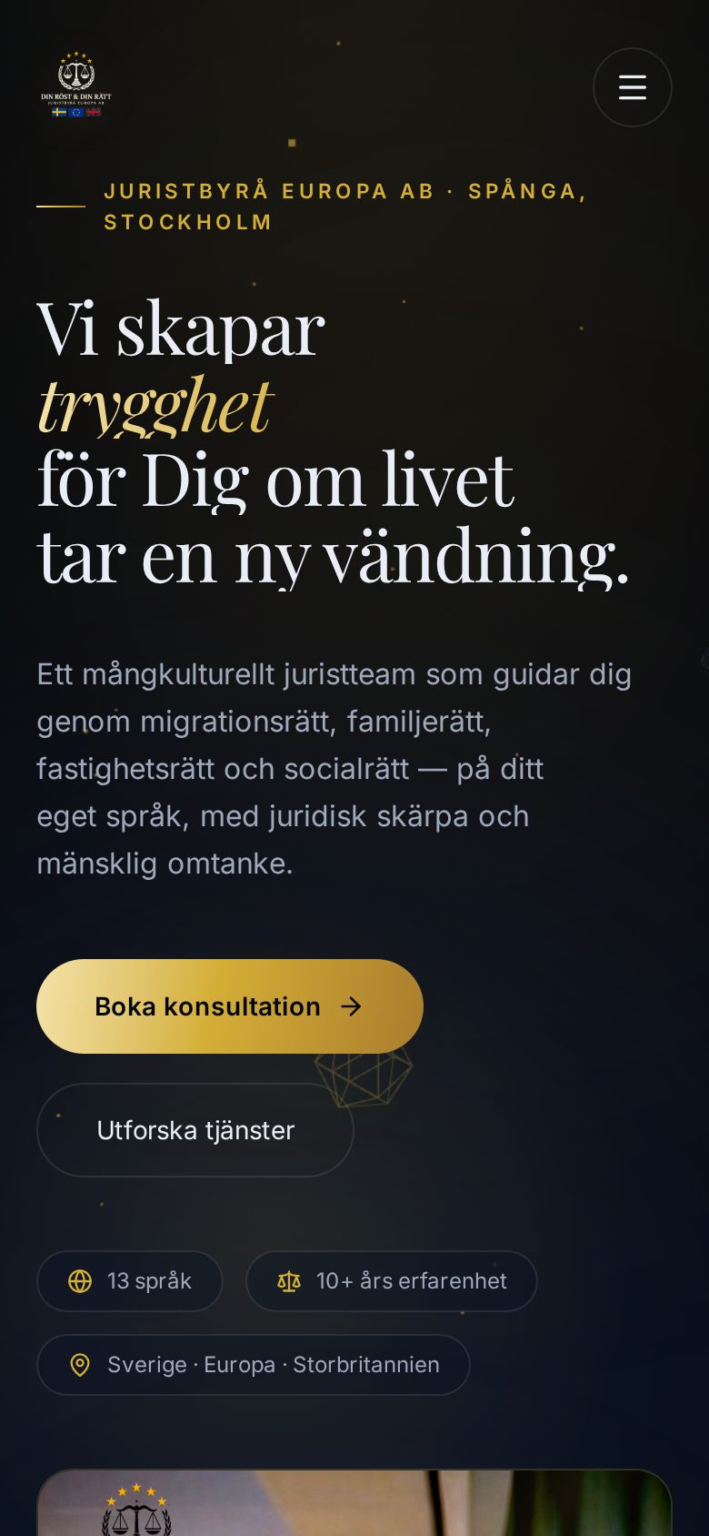Startsidan för Juristbyrå Europa i mobilen